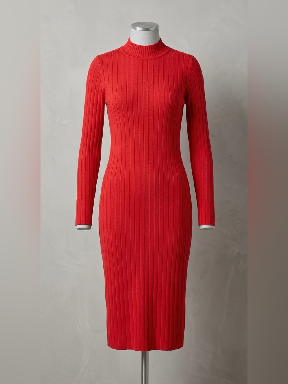 H&M Red Ribbed Knit Mock Neck Long Sleeve Midi Sweater Dress - Size M